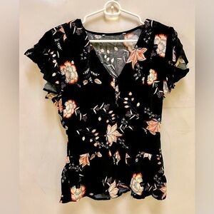 Flowy Floral Blouse Short Flutter Sleeves Smocked V Neck Buttons Whimsigoth Pink